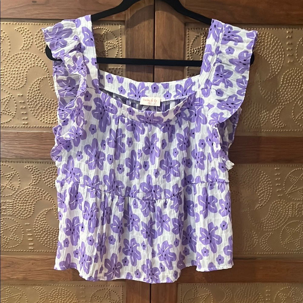 Floral Ruffle Sleeve Blouse in Purple